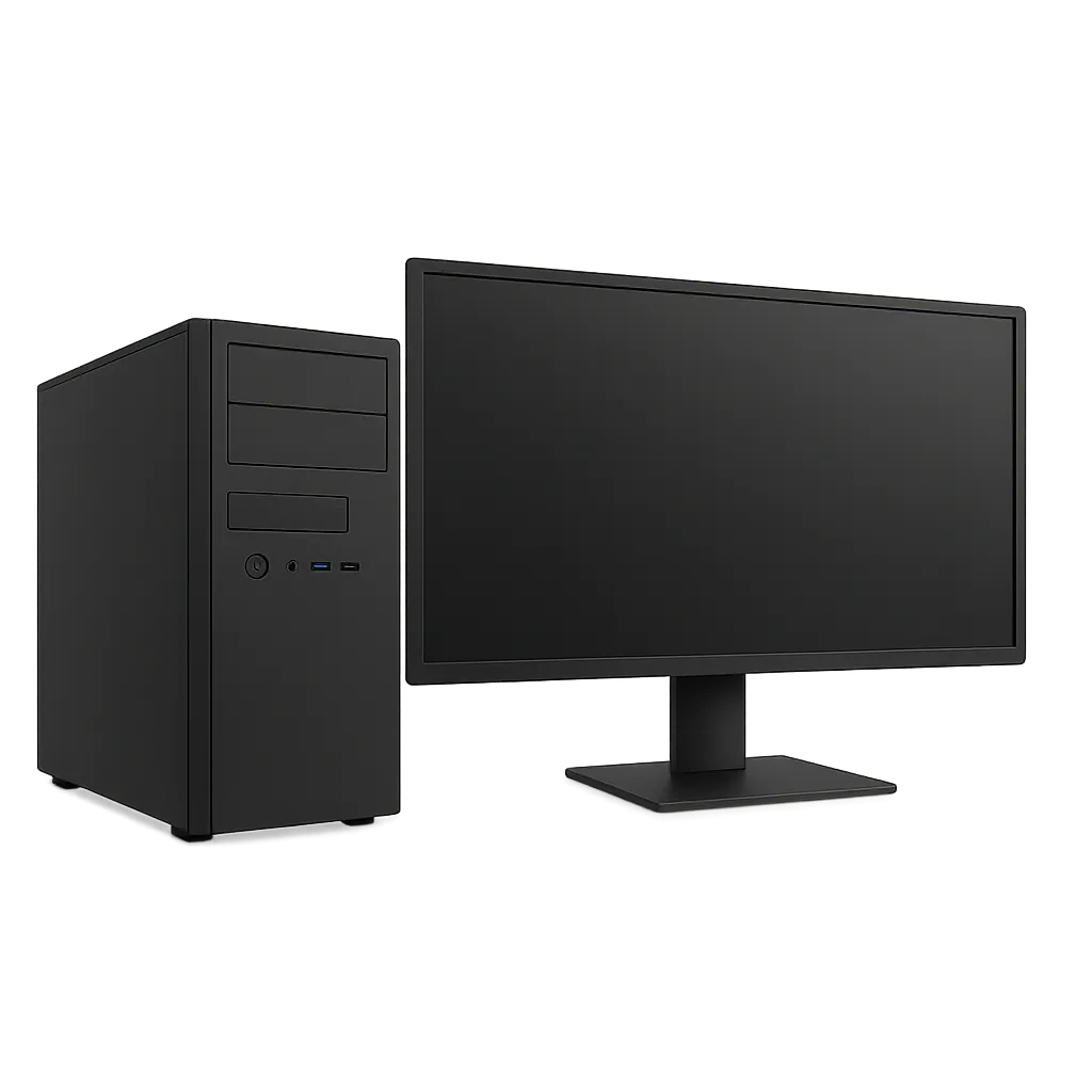 Schwarzer Desktop-PC mit Monitor auf dunklem Hintergrund