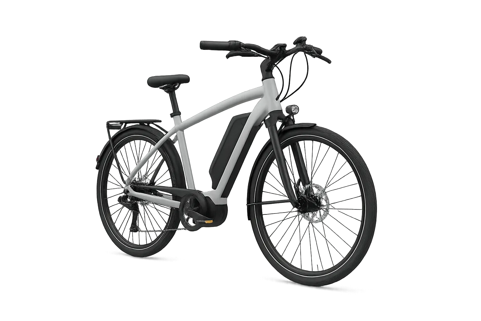 Modernes E-Bike mit schwarzem Akku und stabilem Rahmen auf grauem Hintergrund