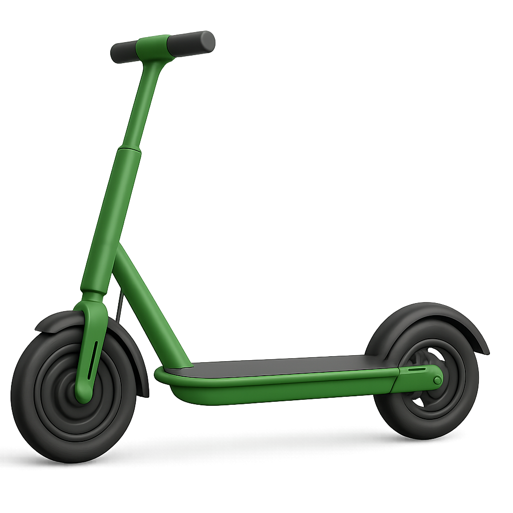 Grüner E-Scooter mit schwarzer Bereifung auf hellem Hintergrund
