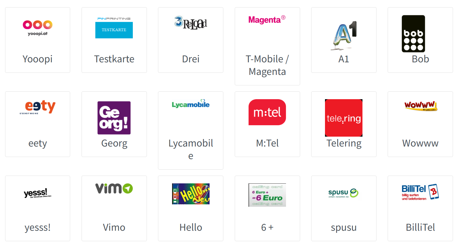 Logos verschiedener österreichischer Mobilfunkanbieter – A1, Magenta, Drei, Lycamobile, Bob, yesss!, spusu und mehr