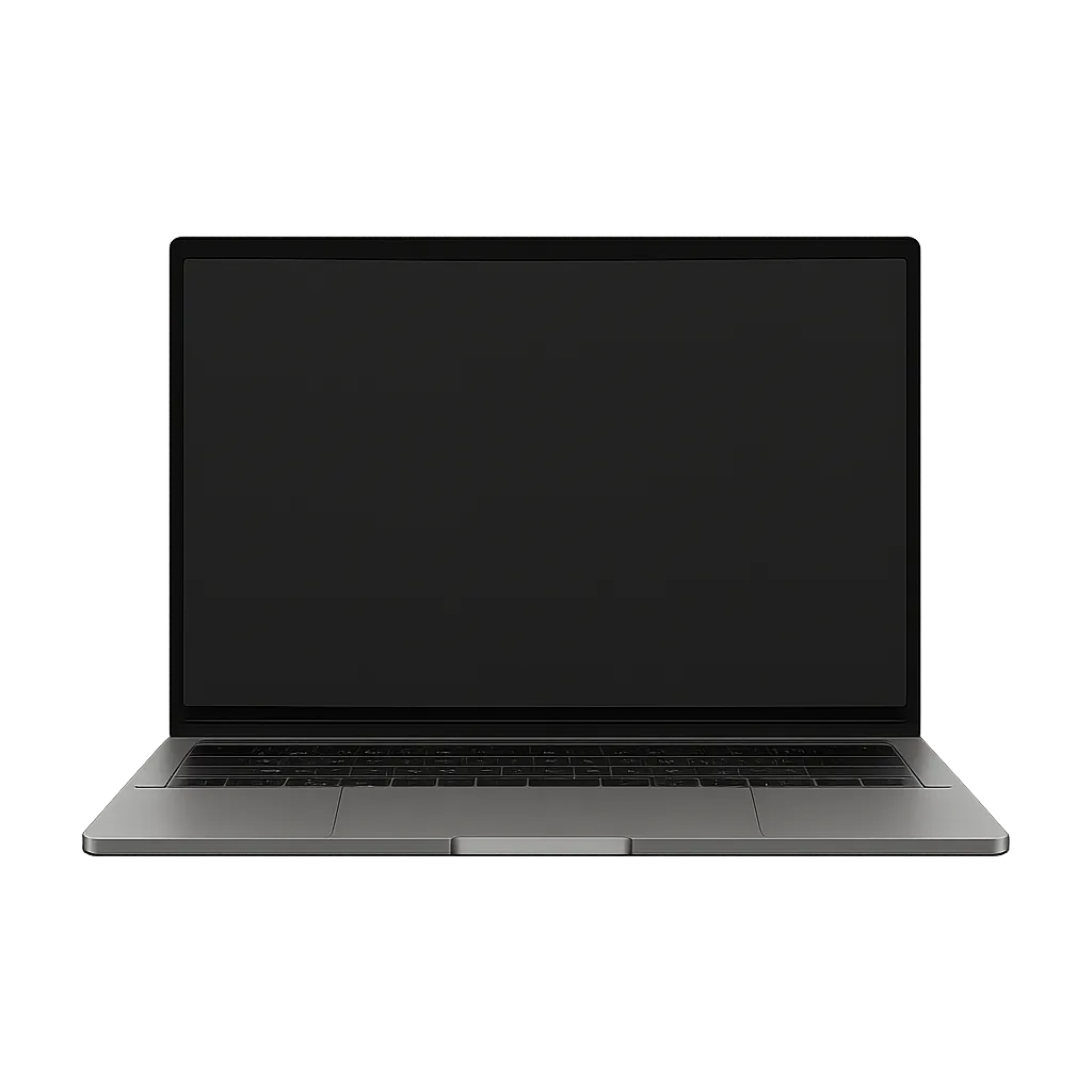 Silberner Laptop mit schwarzer Tastatur und großem Display auf dunklem Hintergrund