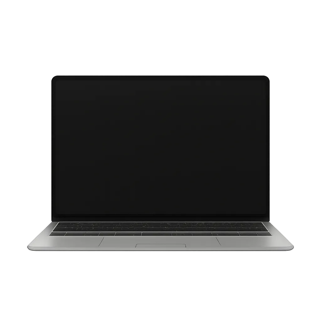 Silbernes MacBook-Laptop mit schwarzer Tastatur auf dunklem Hintergrund