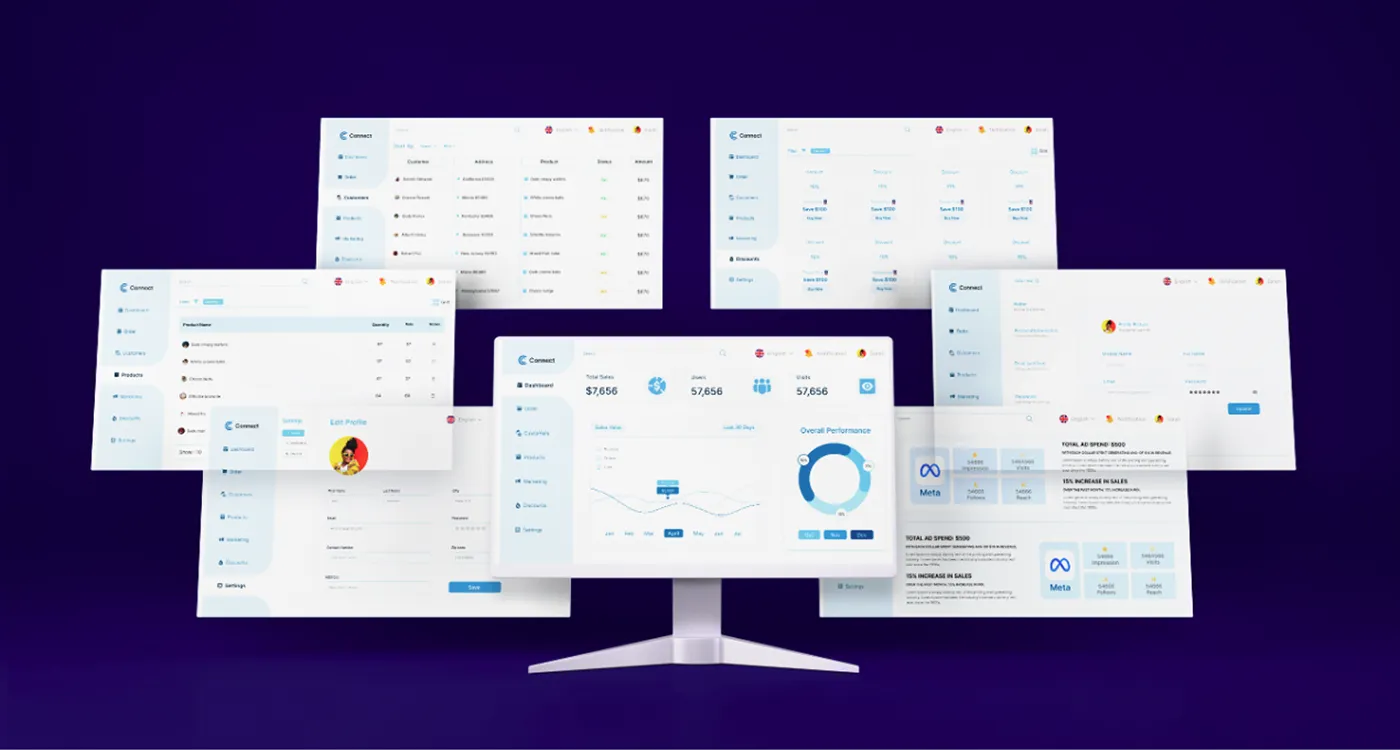 Modernes Software-Dashboard mit mehreren Benutzeroberflächen auf Monitor – Datenanalyse und Verwaltungssystem