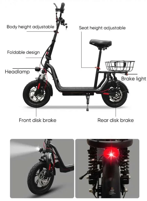 Verstellbarer E-Scooter mit Sitz, Korb, Front- und Rückscheibenbremsen