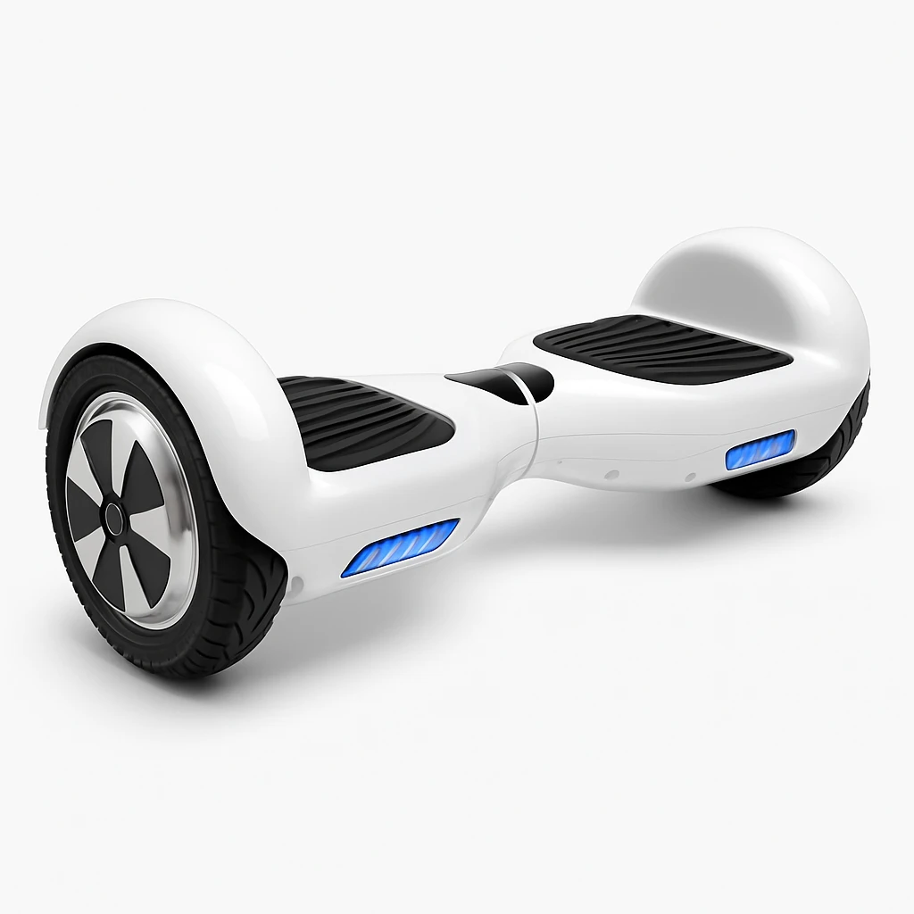 Weißes Hoverboard mit LED-Leuchten und rutschfesten Fußpads auf weißem Hintergrund