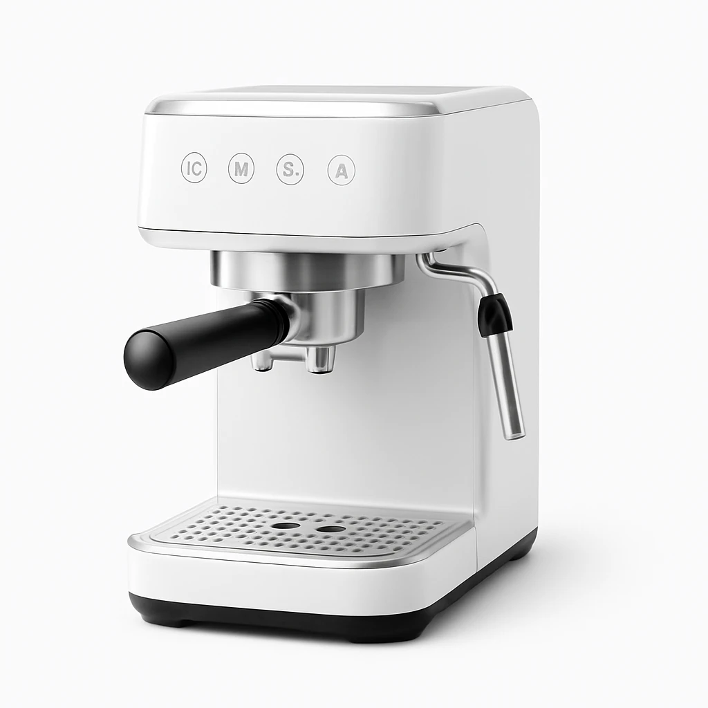 Weiße Espressomaschine mit Siebträger und Dampfdüse auf weißem Hintergrund