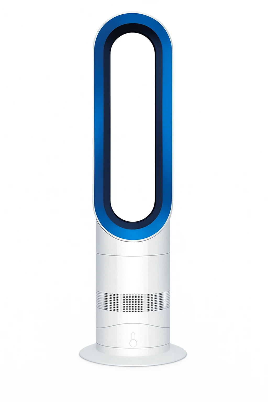 Bladeless Ventilator in Weiß und Blau mit modernem, schlankem Design auf weißem Hintergrund