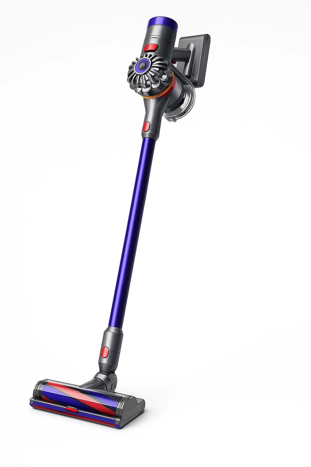 Kabelloser Akkustaubsauger mit langem Stiel und moderner Düse auf weißem Hintergrund